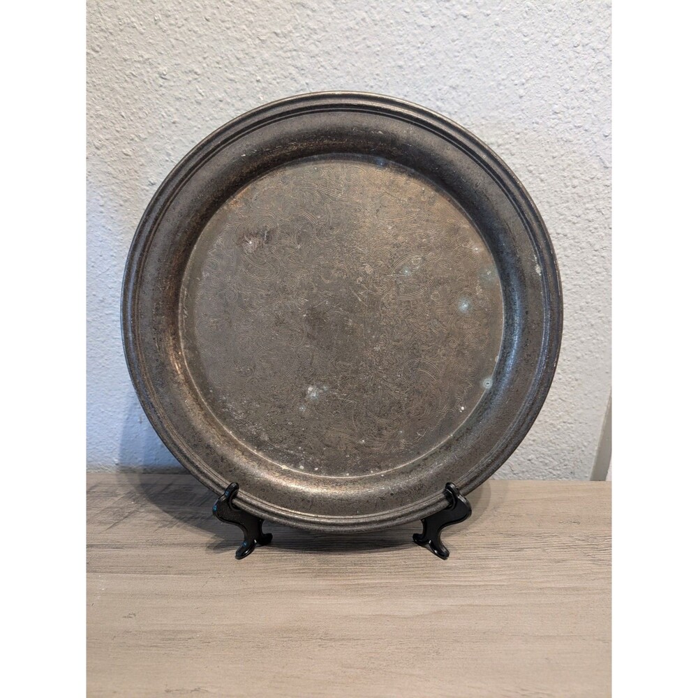 Vintage Oneida USA Silverplate Round Serving Tray 12 in Ornate Heavy Tarnish